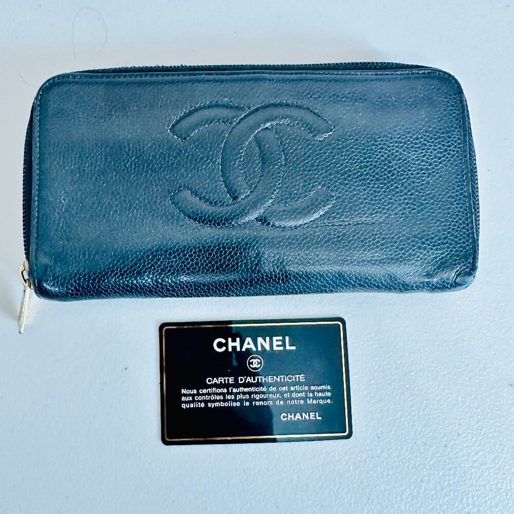 CHANEL CLASSIC BLACK CAVIAR LEATHER CONTINENTAL ZIP-AROUND LONG WALLET COA
